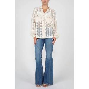 NEW MISS ME mixed media button up long sleeve top in white/beige